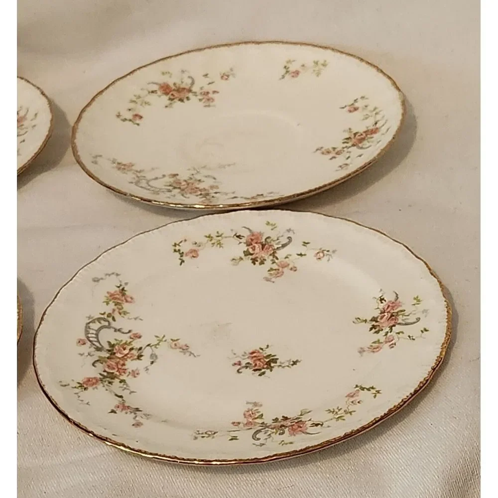 Pope Gosser USA Plates Bread/Salad Pink w/Gold Scalloped‎ Trim 4 Plates